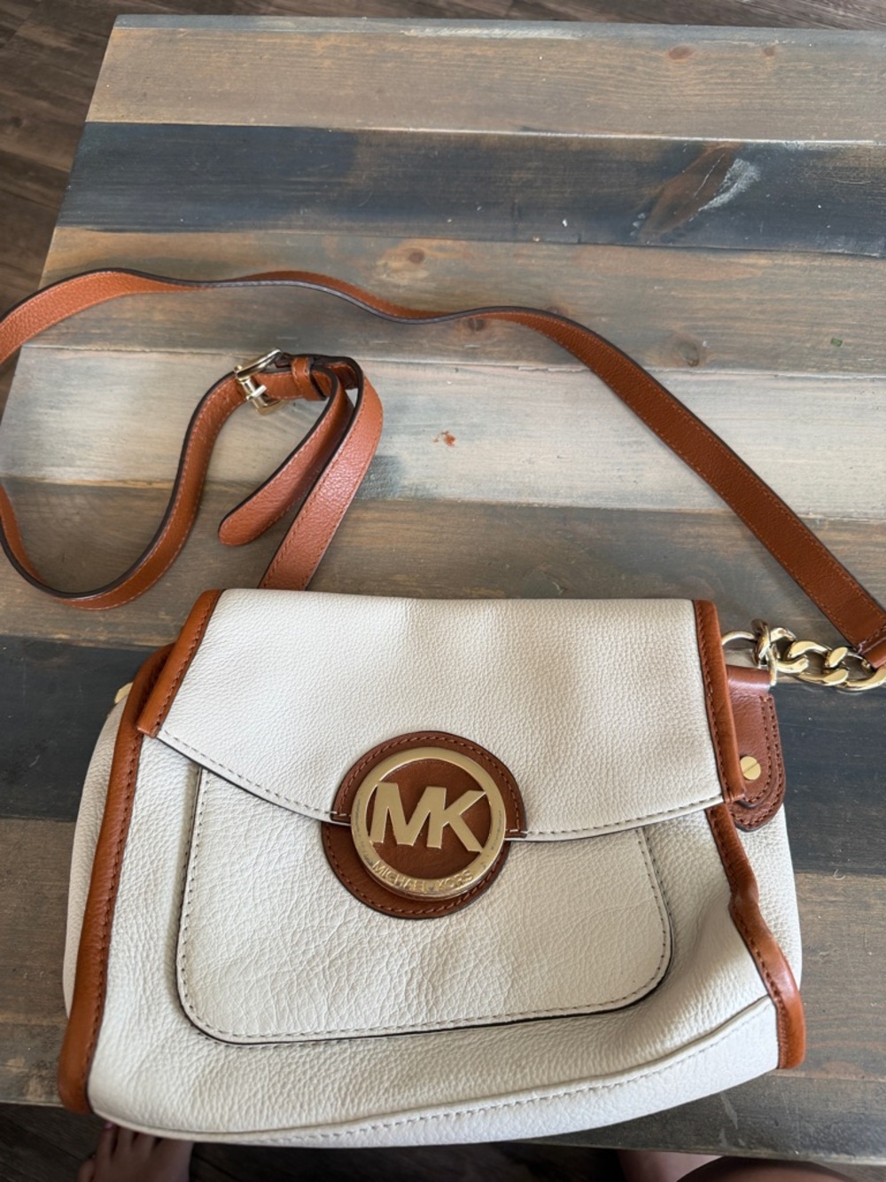Michael Kors Cream and Brown Leather Crossbody Bag with Gold MK Logo
